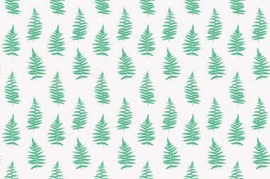 Minimalist yeşil eğrelti otunun kusursuz deseni beyaz arka planda kalır. Doğal süs tasarımları, çevre dostu ambalajlar, kumaş baskıları, duvar kağıtları ve kırtasiye malzemeleri için ideal..