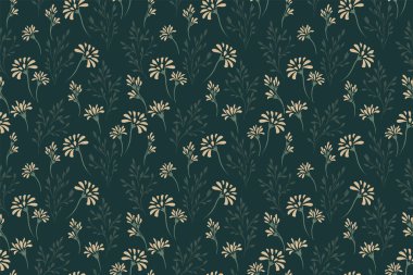 Koyu yeşil arka planda çiçekli ve narin saplı kusursuz çiçek deseni. Tekstil, hediye paketi, duvar kağıdı, sade baskı süsü ve diğer dekoratif projeler için mükemmel..