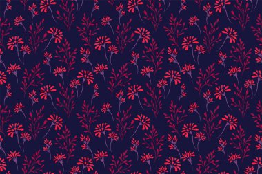 Koyu lacivert arka planda kırmızı çiçekli ve narin saplı kusursuz çiçek deseni. Tekstil, hediye paketi, duvar kağıdı ve diğer dekoratif projeler için mükemmel..