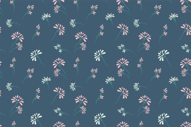 Turkuaz arka planda sapları olan narin papatyaları olan kusursuz çiçek deseni. Vektör, eşsiz bir çiçek izi çizdi. Bahar temalı projeler, kırtasiye, tekstil, hediye paketleri için tasarım.