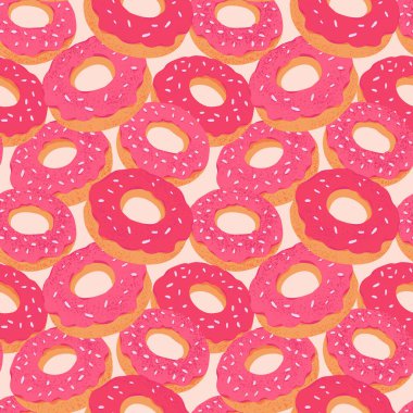 Pembe jöleli donutlar serpiştirilmiş kusursuz desenler. Fırın ambalajı, kafe dekorasyonu, yemek temalı tasarımlar, ambalaj kağıdı ve dijital projeler için mükemmel tekrarlanan baskı.