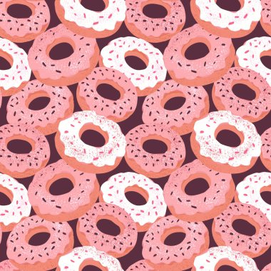 Üzerinde kahverengi bir arka planda serpiştirilmiş donutlar olan kusursuz desenler. Fırın ambalajı, kafe dekorasyonu, yemek temalı tasarımlar, ambalaj kağıdı ve dijital projeler için mükemmel tekrarlanan baskı.