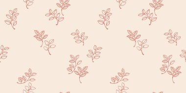 Hafif arka planda yaprakları olan minimalist çizgili dallar içeren kusursuz vektör deseni. Zarif tekstil, duvar kağıdı, ambalaj ve modern grafik tasarımları için sade doğa süsü.