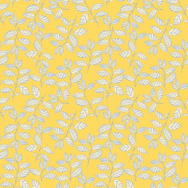 Pırıl pırıl sarı arka planda mavi yapraklar var. Doğa süsü. Bu botanik tasarım tekstil, ambalaj, duvar kağıdı ve davetiyeler için mükemmeldir..