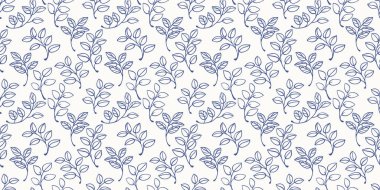 Beyaz arka planda mavi çizgili yapraklı dalların kusursuz vektör deseni. Eko-temalı projeler, kırtasiye, tekstil ve ambalaj için yumuşak ve minimalist bir tasarım ideal.