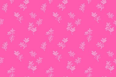 Pembe arkaplanda düzenlenmiş minimalist çizim yaprakları içeren kusursuz vektör deseni. Tekstil ürünleri, ambalaj kağıtları, duvar kağıtları, marka tasarımları için sade doğa süsü..