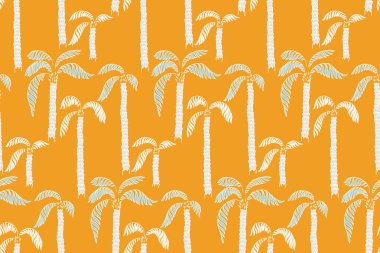 Pürüzsüz tropikal vektör deseni, parlak sarı arka planda, desenli gövdeli ve kıvrımlı yapraklı, el çizilmiş palmiye ağaçları içerir. Yaz temalı tasarımlar, tekstil, duvar kağıtları, ambalaj için ideal