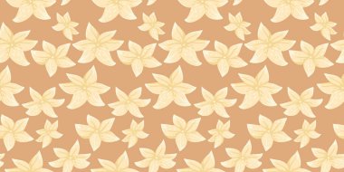 Bej arka planda tropik çiçekli kusursuz vektör deseni. Boho çiçek tasarımı kumaşlar, duvar kağıtları, ambalaj kağıtları ve yaz temalı projeler için idealdir..