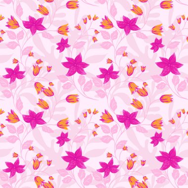 Açık arkaplanda parlak pembe çiçekleri olan kusursuz vektör deseni. Zarif çiçekleri ve yaprakları olan zarif botanik tasarımı, tekstil, duvar kağıtları, moda, dekor için ideal.