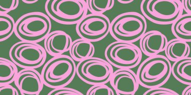 Mercan yeşil arka planda, el yapımı, kusursuz, soyut, pembe dairesel şekiller çizilmiş. Modern tekstil ürünleri için sade süs baskısı, hediye paketi, duvar kağıtları, markalaşma ve kırtasiye tasarımı.