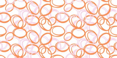 Üst üste binen el çizimlerinin kusursuz soyut deseni turuncu ve pembe tonlarda beyaz arka planda daireler çiziyor. Modern kumaşlar, ev dekorasyonu, duvar kağıtları ve grafik tasarım projeleri için sade süs..