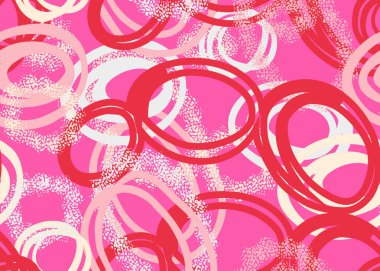 Oyuncu, pürüzsüz vektör deseni, el çizimi, beyaz daireler, kırmızı, parlak pembe arka plan. Desenli detaylar derinlik ekler, modern tasarımlar, tekstil ve markalaşma için idealdir..