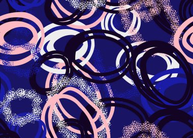 Mavi, pembe ve siyah çizgili el çizimi dairelerle donanma arka planında oynak, pürüzsüz vektör deseni. Desenli detaylar derinlik ekler, modern tasarımlar, tekstil ve markalaşma için idealdir.