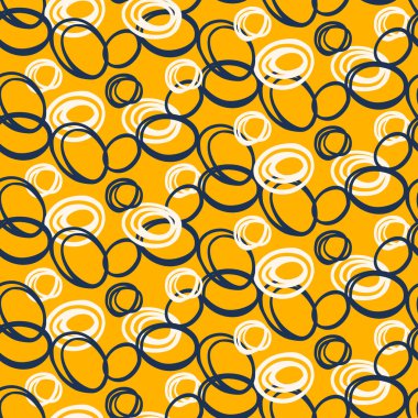 Parlak sarı bir zemin üzerinde beyaz ve lacivert el çizimleri olan kusursuz bir vektör deseni. Soyut, eğlenceli ve modern tasarım, tekstil, duvar kağıtları, ambalaj, yaratıcı markalaşma için mükemmel.
