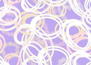 Beyaz, pastel pembe ve mor lavanta arkaplanlı bej renkli el çizimi daireleri olan oyuncu, pürüzsüz vektör deseni. Desenli detaylar derinlik ekler, modern tasarımlar için idealdir