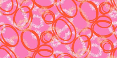 Pembe arka planda soyut turuncu oval şekilli kusursuz vektör deseni var. Dokulu beyaz noktalarla vurgulanmış. Kumaş, ambalaj kağıdı ve dijital projeler için uygun dinamik ve modern tasarım.