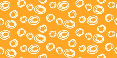 Parlak sarı bir zemin üzerinde soyut el çizimleriyle beyaz daireler çizilmiş kusursuz vektör deseni. Modern, cesur ve şık tasarım, tekstil ürünleri, duvar kağıtları, markalaşma için basit süs baskısı