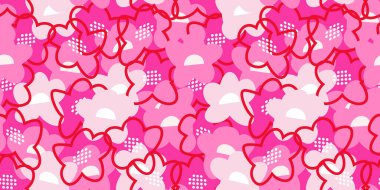 Pembe ve kırmızı tonlarda soyut çiçek elementleriyle parlak, pürüzsüz vektör deseni. Oyuncu ve modern, tekstil, duvar kağıtları, ambalaj, moda, kırtasiye ve dijital projeler için mükemmel