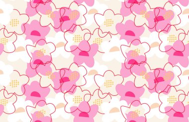 Soyut pembe ve beyaz çiçekli kusursuz vektör deseni, merkezler ve açık arkaplanda ince çizgiler. Modern, cesur ve sanatsal, tekstil, duvar kağıtları, moda tasarımlar için mükemmel.