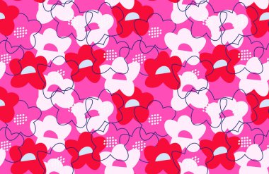 Soyut kırmızı çiçekleri, merkezleri ve parlak pembe arka planda ince hatları olan kusursuz bir vektör deseni. Modern, cesur ve sanatsal, tekstil, duvar kağıtları, moda tasarımlar için mükemmel.