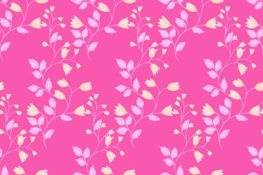 Pembe arka planda küçük yaprakları olan narin çiçek tomurcukları içeren kusursuz bir şablon. Zarif tekstil tasarımları, duvar kağıtları, kırtasiye ve moda projeleri için mükemmel.