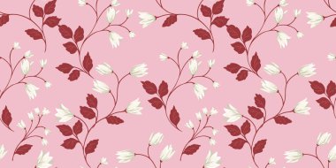 Yumuşak pembe arka planda çiçek sapı motifleri ve kahverengi yapraklar içeren vektörsüz desen. Tasarım zarif ve minimal, tekstil, duvar kağıtları, moda ve dekoratif projeler için ideal..