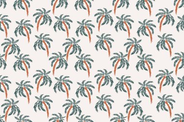 Beyaz arka planda yeşil yapraklı ve kahverengi gövdeli stilize palmiye ağaçları içeren kusursuz vektör deseni. Tropikal temalı tasarımlar, tekstil, duvar kağıtları ve plaj giysileri için ideal.