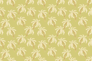 Kusursuz vektör deseni, yumuşak yapraklı ve pastel yeşil arka planda gövdeli stilize palmiye ağaçları içeriyor. Tropikal temalı tasarımlar, tekstil, duvar kağıtları ve plaj giysileri için ideal.