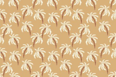Renkli arka planda yumuşak yaprakları ve gövdesi olan biçimlendirilmiş palmiye ağaçları içeren kusursuz vektör deseni. Tropikal temalı tasarımlar, tekstil, duvar kağıtları ve plaj giysileri için ideal.