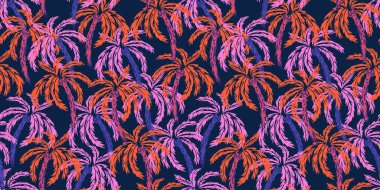 Artistik fırça darbesi dokusu olan kusursuz tropikal palmiye ağacı vektör deseni. Turuncu, pembe ve kırmızı palmiye yapraklı derin donanma geçmişi. Yaz modası, tekstil, duvar kağıtları, markalaşma için mükemmel..