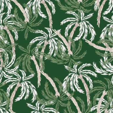 Beyaz yapraklı ve koyu yeşil arka planda desenli palmiye ağaçları bulunan kusursuz tropikal vektör deseni. Yaz tasarımları, tekstil, duvar kağıtları, plaj giysileri için mükemmel.