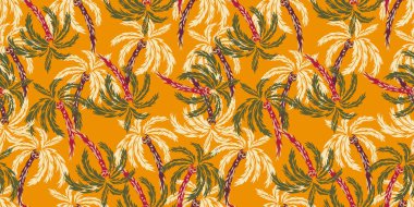 Yeşil palmiye ağaçlarıyla çizilmiş kusursuz tropikal vektör deseni ve parlak sarı arka planda beyaz renkler. Egzotik ve şık, yaz modası için ideal, plaj kıyafeti, tekstil, duvar kağıtları, dekor