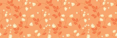 Narin kır çiçekleri ve turuncu arka planda yaprakları olan zarif, pürüzsüz bir vektör deseni. Yumuşak tonlar klasik, romantik ve doğa esinlenmiş bir tasarım yaratır. Tekstil ve duvar kağıtları için mükemmeldir.