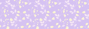 Narin kır çiçekleri ve mor arkaplanda yaprakları olan zarif, pürüzsüz bir vektör deseni. Hafif pastel tonlar klasik, romantik ve doğa esinlenmiş bir tasarım yaratır.