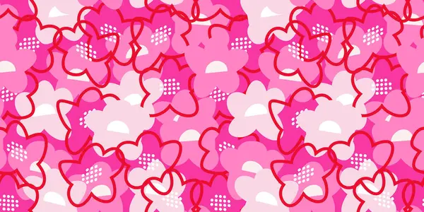 Pembe ve kırmızı tonlarda soyut çiçek elementleriyle parlak, pürüzsüz vektör deseni. Oyuncu ve modern, tekstil, duvar kağıtları, ambalaj, moda, kırtasiye ve dijital projeler için mükemmel