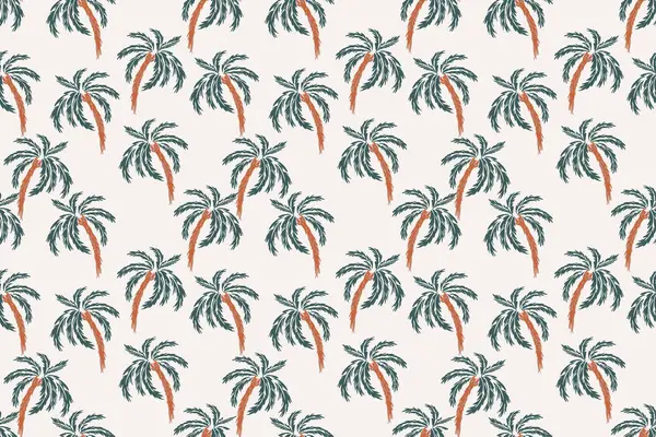 Beyaz arka planda yeşil yapraklı ve kahverengi gövdeli stilize palmiye ağaçları içeren kusursuz vektör deseni. Tropikal temalı tasarımlar, tekstil, duvar kağıtları ve plaj giysileri için ideal.