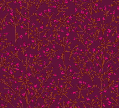 Zarif dalları ve koyu kırmızı bir arka planda küçük çiçekleri olan hoş, pürüzsüz bir çiçek deseni. Minik çiçekler süs izi bırakır. Kırtasiye, ambalaj, tekstil, duvar kağıtları için tasarımlar