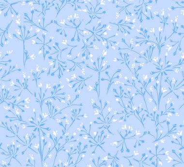 Nazikçe dikişsiz çiçek deseni, narin dalları ve pastel mavi arka planda küçük çiçekler. Minik çiçekler süs izi bırakır. Kırtasiye, ambalaj ve düğün tasarımları için ideal.