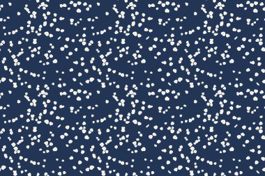 Küçük beyaz çiçek desenleri, küçük noktalar, donanma arka planına saçılmış küçük damlalar. Baskı, tekstil, hediye paketi, duvar kâğıtları, kırtasiye için oyuncu, minimalist bir tasarım.