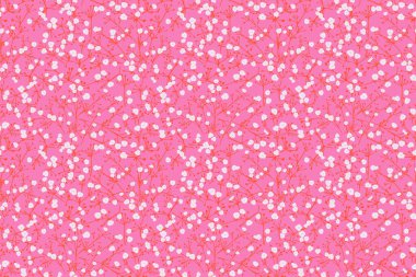 İnce, çiçekli küçük beyaz çiçekleri içeren renksiz desenler parlak pembe bir arka planda yer alır. İzler, kumaşlar, duvar kağıtları, hediye paketi, kırtasiye ve tasarımlar için süsleme.