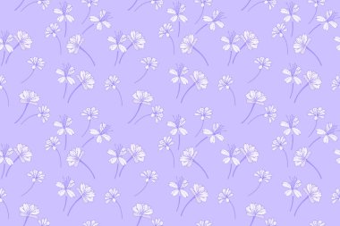 Yumuşak eflatun arka planda narin beyaz papatya çiçekleri olan kusursuz vektör deseni. Tekstil, bahar tasarımları, ambalaj ve kadınsı çiçek projeleri için mükemmel..