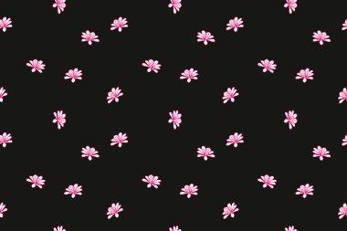 Siyah arkaplana saçılmış küçük çiçekli kusursuz vektör deseni. Basit, zarif ve modern tekstil şablonu, ambalaj kağıdı, kırtasiye, duvar kağıdı ve dijital projeler