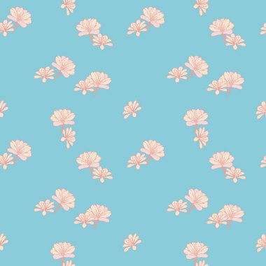Yumuşak mavi arka planda, hassas pastel pembe çiçekli kusursuz vektör deseni. Kumaş, duvar kağıdı veya kırtasiye için zarif ve minimal çiçek tasarımı