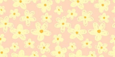 Pembe arka planda yumuşak sarı pastel renkli çiçeklerle kusursuz vektör deseni. Çocuklar için el çizimi çiçek tasarımı, ambalaj kağıdı, tekstil, kırtasiye ve dekor
