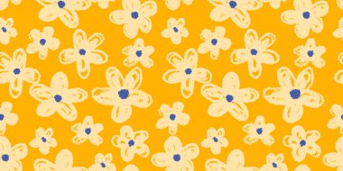 Bej renkli pastel boyalı çiçeklerle kusursuz vektör deseni ve hardal sarısı arka planda mavi merkezler. Çocuk ürünleri, tekstil, ambalaj ve dekor için el yapımı çiçek tasarımı