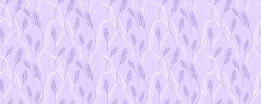 Narin lavanta saplı kusursuz vektör deseni yumuşak eflatun arka planda açık mor ve beyaz detaylar içeriyor. Tekstil, duvar kâğıtları ve tasarım projeleri için ideal
