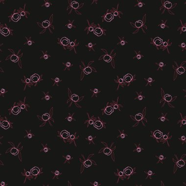 Minimalist gül tomurcukları ve koyu arkaplanda pembe çizimler olan kusursuz vektör deseni. Tekstil, ambalaj, duvar kağıtları ve dekor için zarif ve romantik tasarım