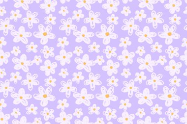Elle çizilmiş kusursuz vektör deseni. Sarı merkezli beyaz çiçekler. Pastel mor arka planda. Çocuk ürünleri, kumaşlar ve kırtasiye malzemeleri için eğlenceli, yumuşak ve ideal.