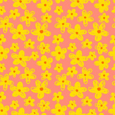 Pembe mercan arka planda neşeli sarı pastel boya çiçekleri içeren kusursuz bir vektör deseni. Çocuk ürünleri, tekstil, kırtasiye, bahar dekorasyonu için ideal