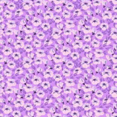 Yumuşak mor gelincikler ve açık mor arka planda narin yapraklarla kusursuz vektör deseni. Tekstil, duvar kâğıtları ve moda tasarım projeleri için mükemmel.